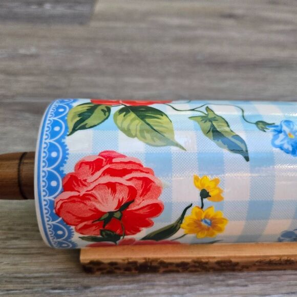 The Pioneer Woman Sweet Rose Ceramic Rolling Pin blue white check w/ floral rare - Picture 7 of 12